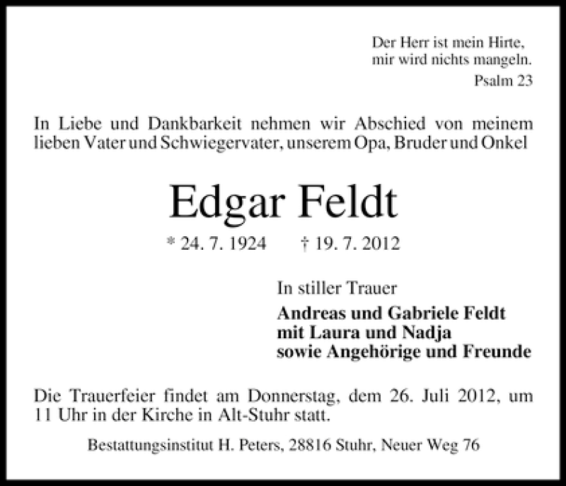 Traueranzeige von Edgar Feldt von WESER-KURIER