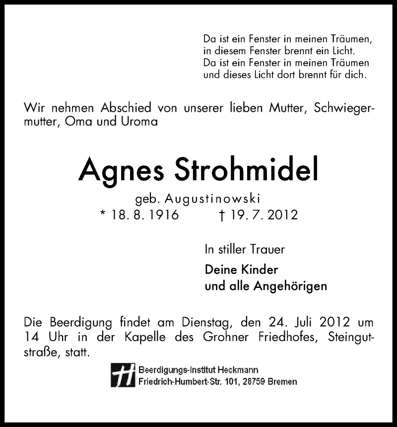 Traueranzeige von Agnes Strohmidel von WESER-KURIER