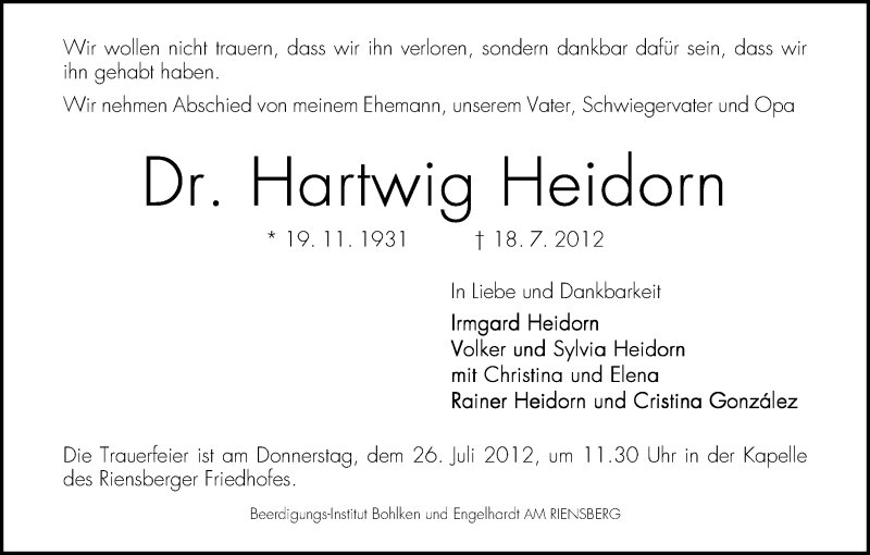 Traueranzeige von Hartwig Heidorn von WESER-KURIER