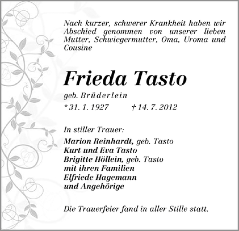 Traueranzeige von Frieda Tasto von WESER-KURIER