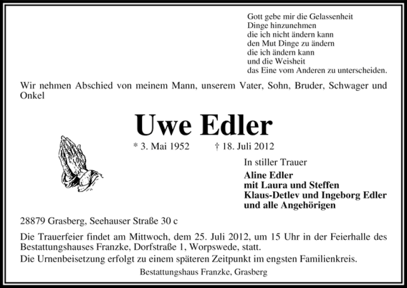 Traueranzeige von Uwe Edler von WESER-KURIER