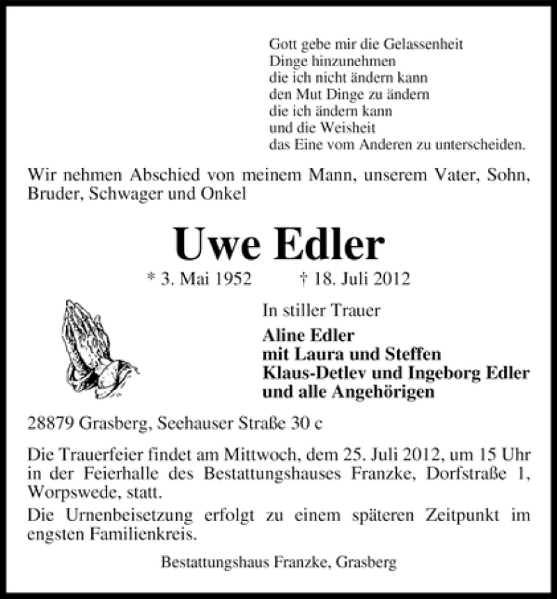 Traueranzeige von Uwe Edler von WESER-KURIER