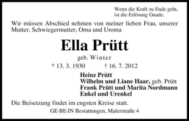 Traueranzeige von Ella Prütt von WESER-KURIER
