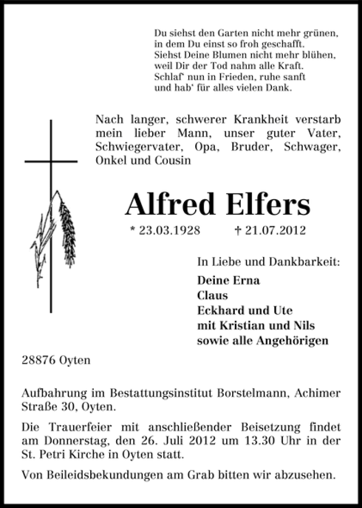 Traueranzeige von Alfred Elfers von WESER-KURIER