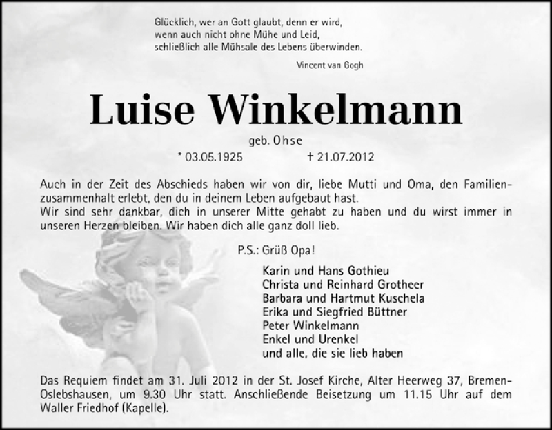 Traueranzeige von Luise Winkelmann von WESER-KURIER