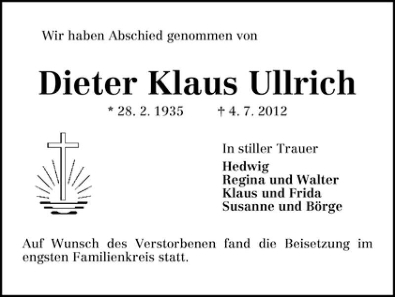 Traueranzeige von Dieter Klaus Ullrich von WESER-KURIER