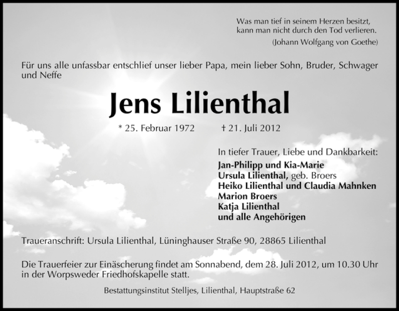 Traueranzeige von Jens Lilienthal von WESER-KURIER