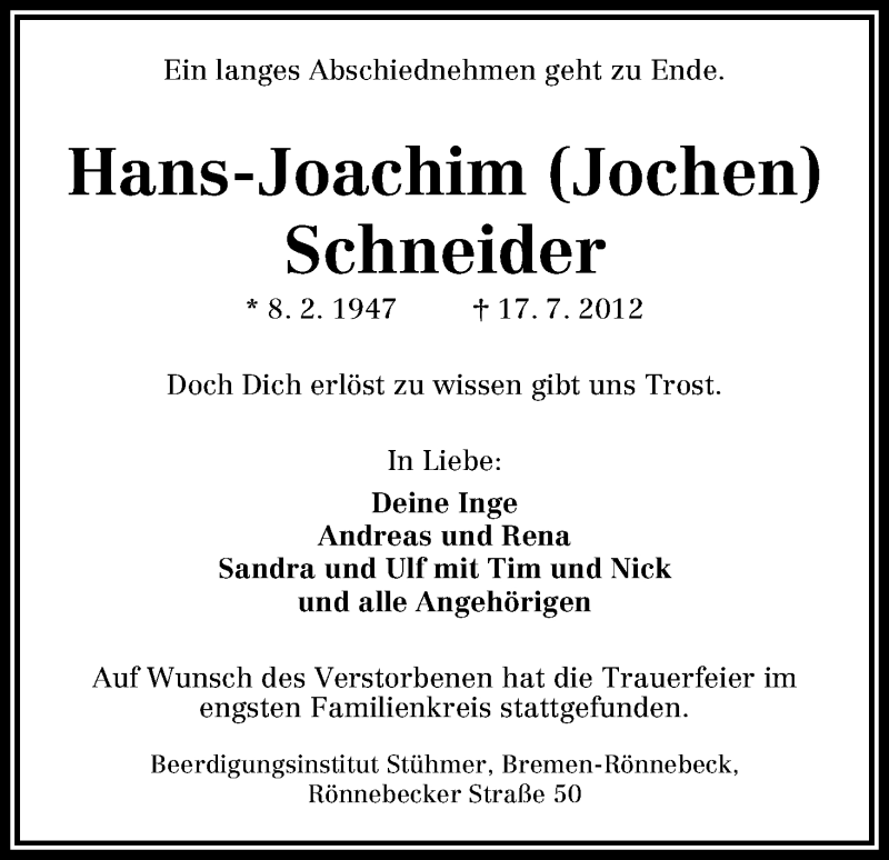 Traueranzeige von Hans-Joachim Schneider von WESER-KURIER