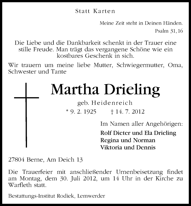 Traueranzeige von Martha Drieling von WESER-KURIER