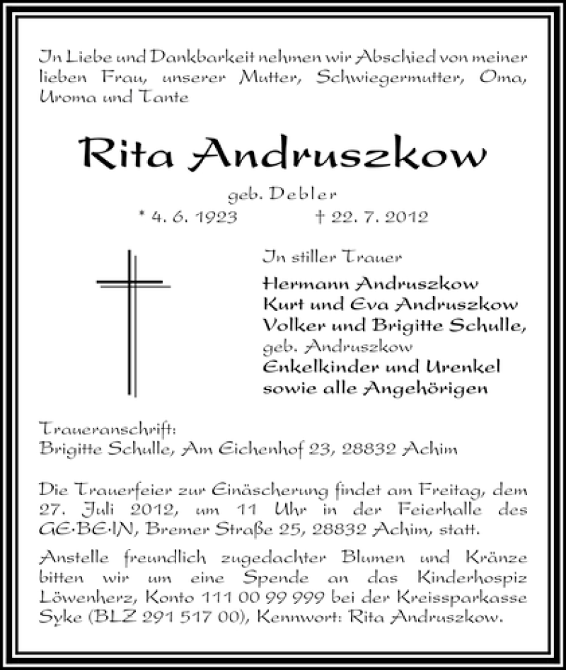 Traueranzeige von Rita Andruszkow von WESER-KURIER