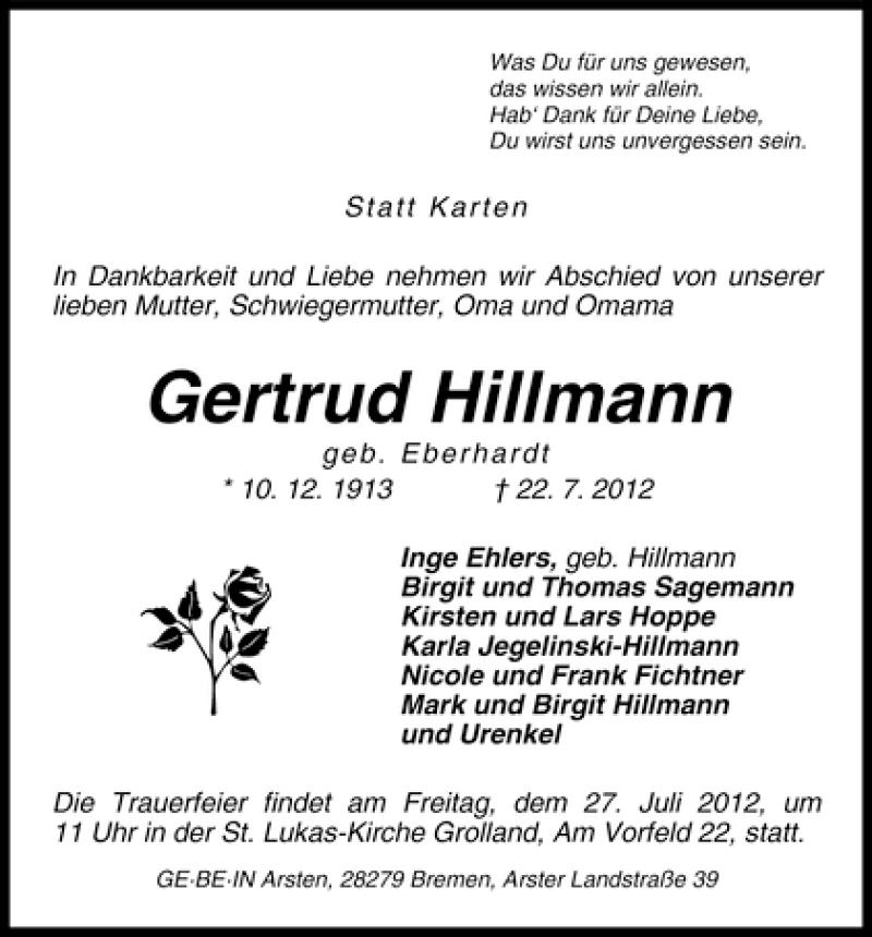 Traueranzeige von Gertrud Hillmann von WESER-KURIER