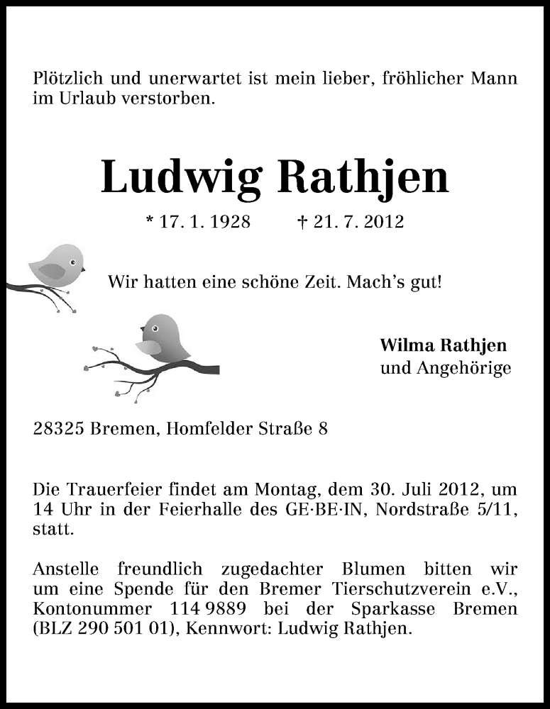 Traueranzeige von Ludwig Rathjen von WESER-KURIER
