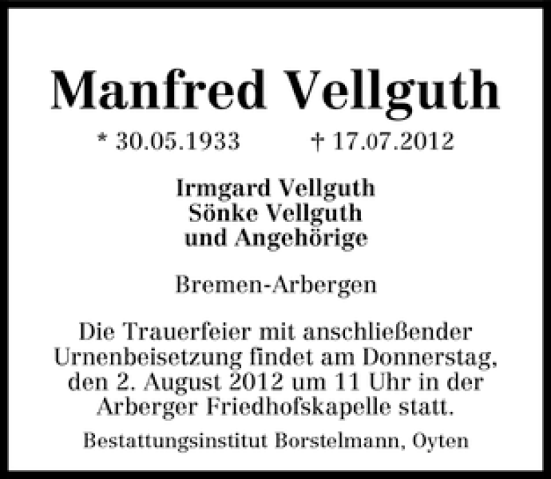 Traueranzeige von Manfred Vellguth von WESER-KURIER