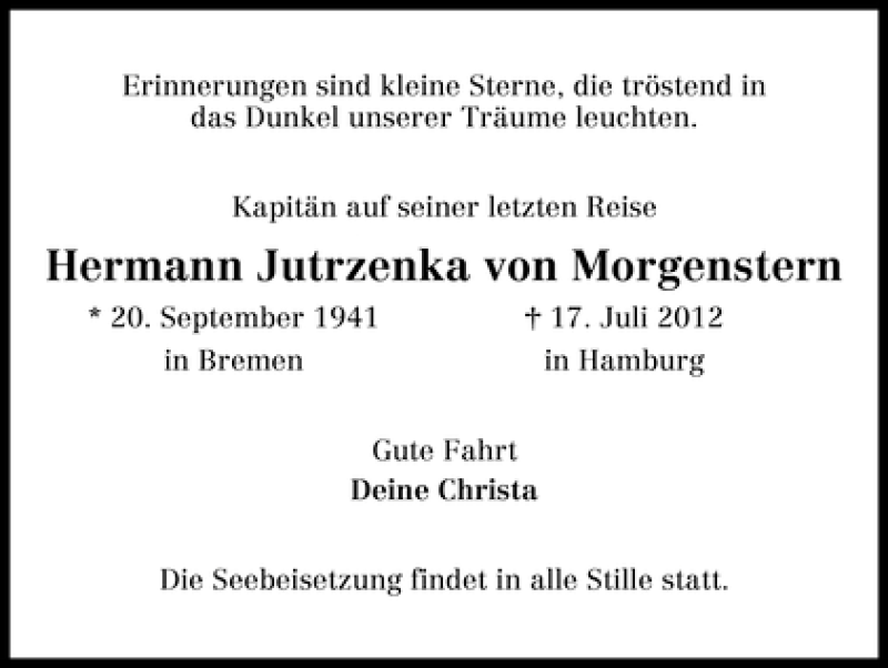 Traueranzeige von Hermann Jutrzenka von Morgenstern von WESER-KURIER