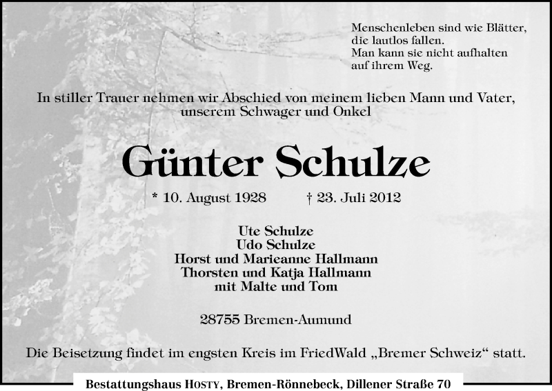 Traueranzeige von Günter Schulze von WESER-KURIER