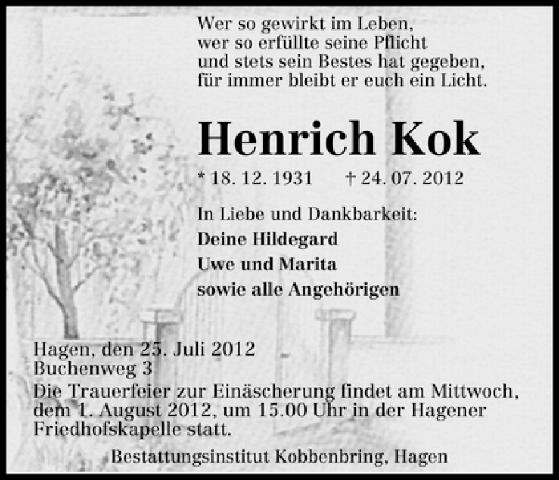 Traueranzeige von Henrich Kok von WESER-KURIER