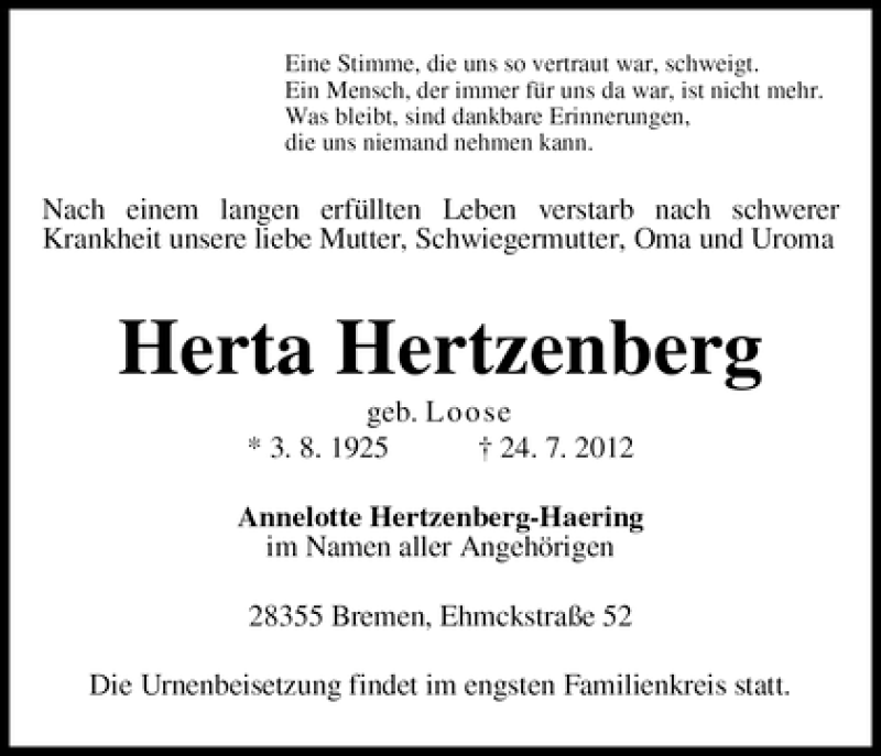 Traueranzeige von Herta Hertzenberg von WESER-KURIER