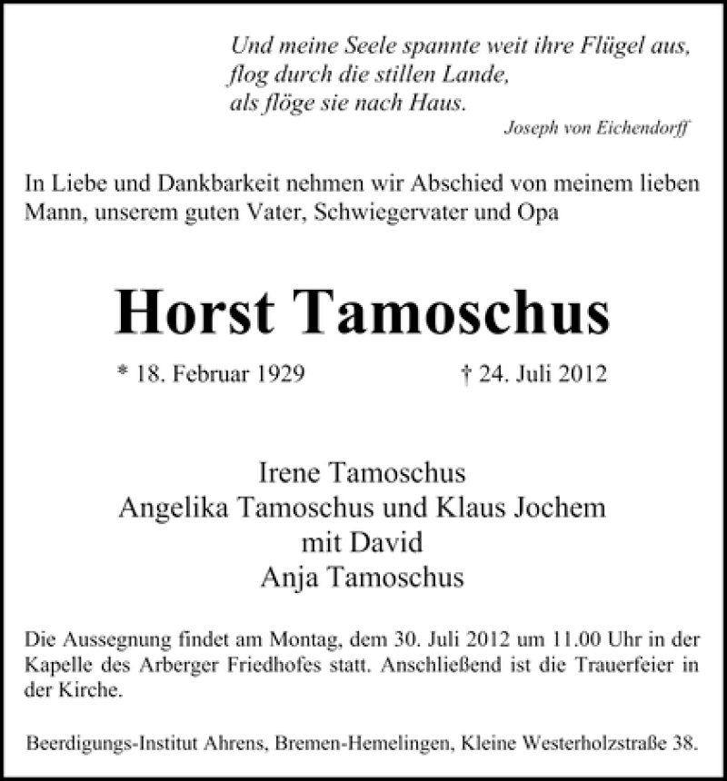 Traueranzeige von Horst Tamoschus von WESER-KURIER