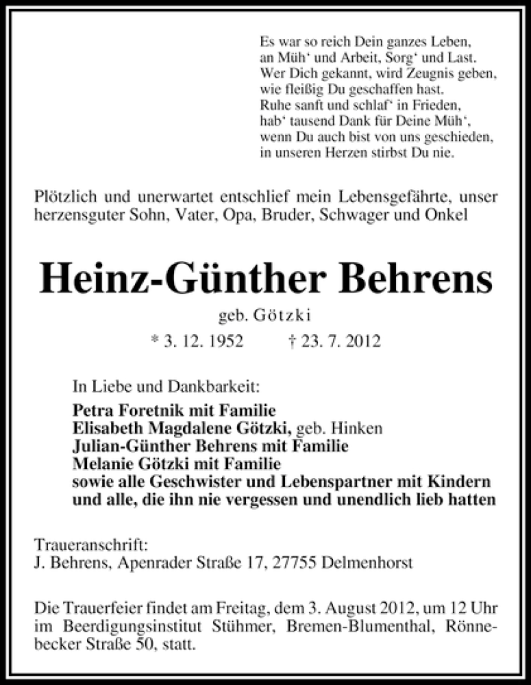 Traueranzeige von Heinz-Günther Behrens von WESER-KURIER