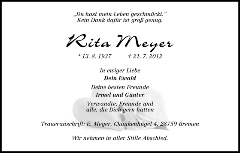 Traueranzeige von Rita Meyer von WESER-KURIER