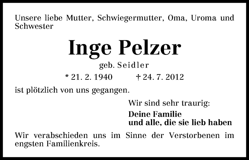 Traueranzeige von Inge Pelzer von WESER-KURIER