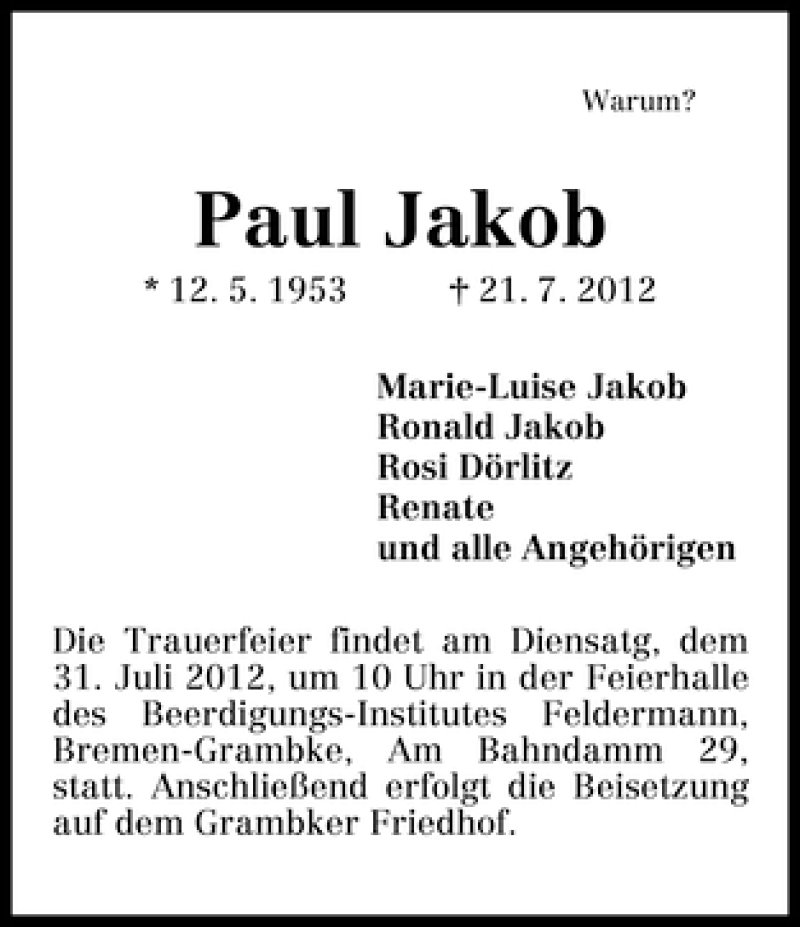 Traueranzeige von Paul Jakob von WESER-KURIER