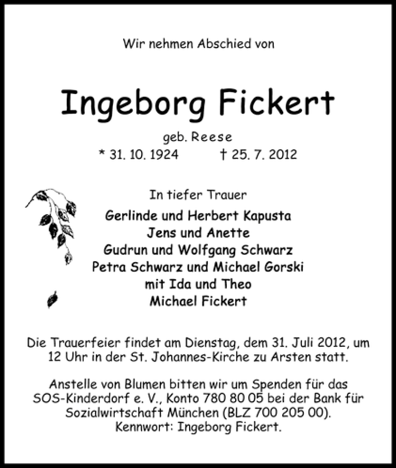 Traueranzeige von Ingeborg Fickert von WESER-KURIER