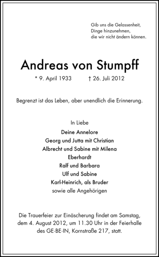 Traueranzeige von Andreas von Stumpff von WESER-KURIER