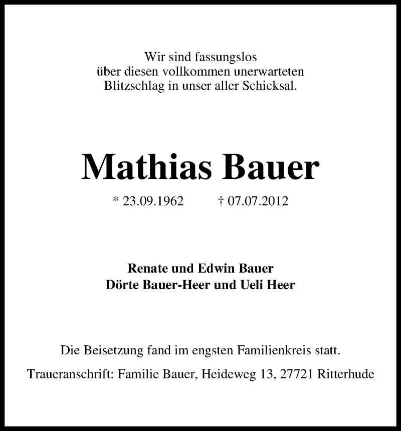 Traueranzeige von Mathias Bauer von WESER-KURIER