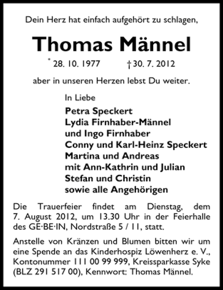 Traueranzeige von Thomas Männel von WESER-KURIER