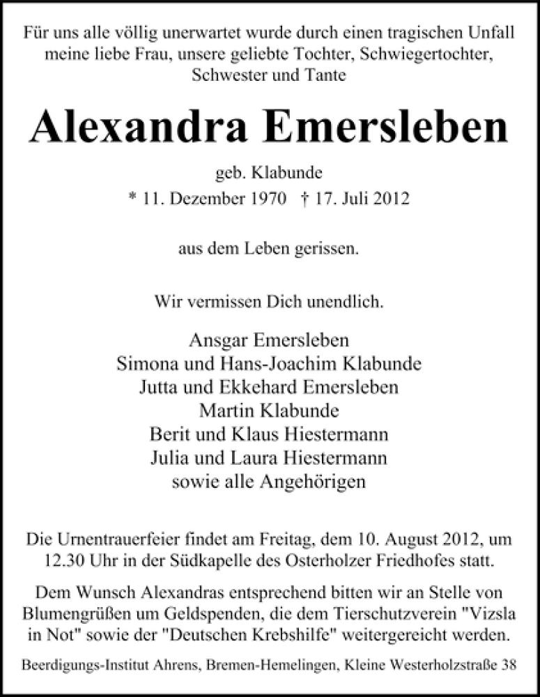 Traueranzeige von Alexandra Emersleben von WESER-KURIER