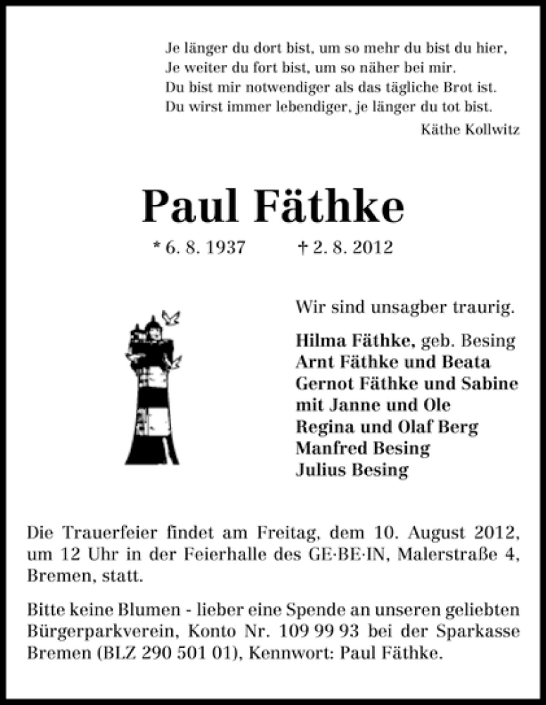 Traueranzeige von Paul Fäthke von WESER-KURIER