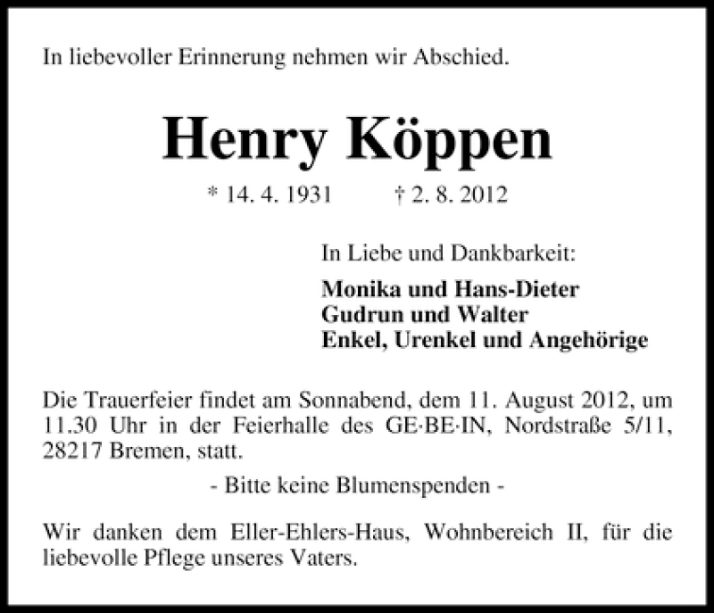 Traueranzeige von Henry Köppen von WESER-KURIER