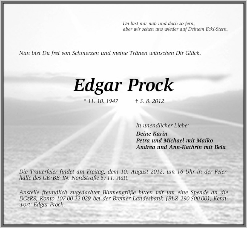 Traueranzeige von Edgar Prock von WESER-KURIER