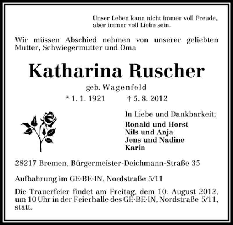 Traueranzeige von Katharina Ruscher von WESER-KURIER