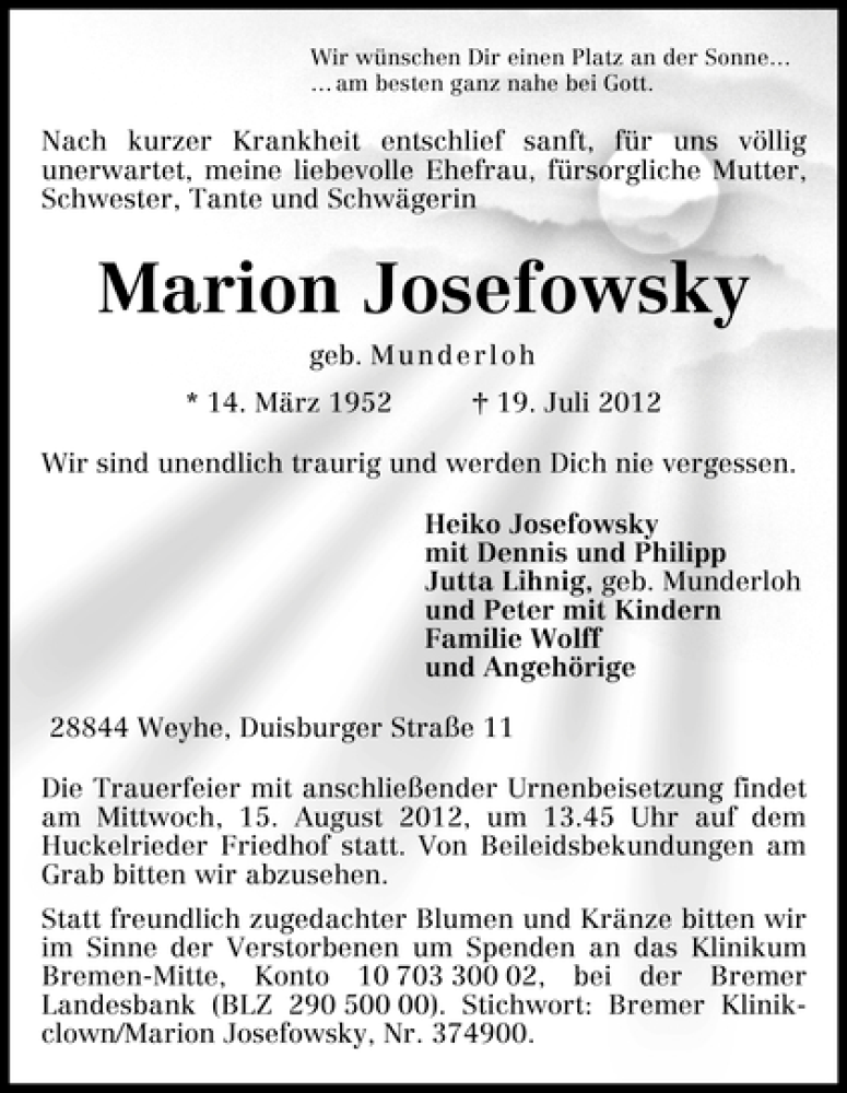 Traueranzeige von Marion Josefowsky von WESER-KURIER