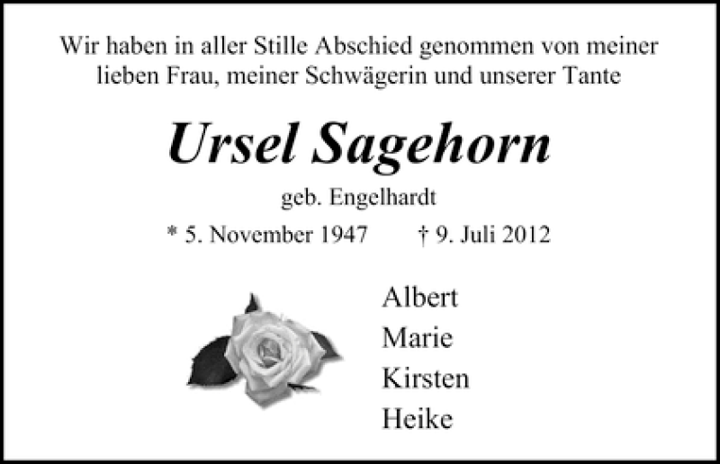 Traueranzeige von Ursel Sagehorn von WESER-KURIER