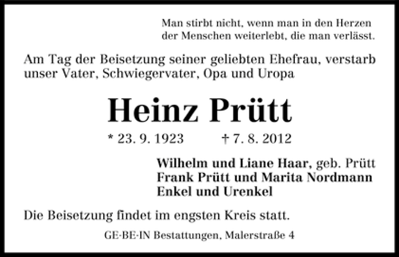 Traueranzeige von Heinz Prütt von WESER-KURIER