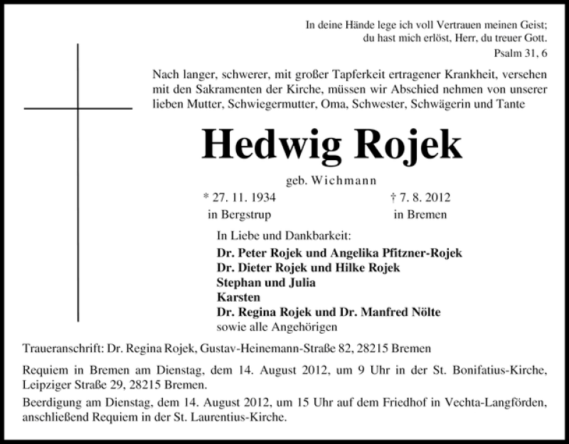 Traueranzeige von Hedwig Rojek von WESER-KURIER