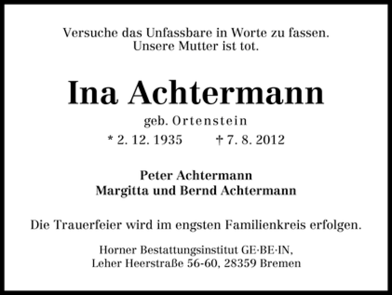 Traueranzeige von Ina Achtermann von WESER-KURIER