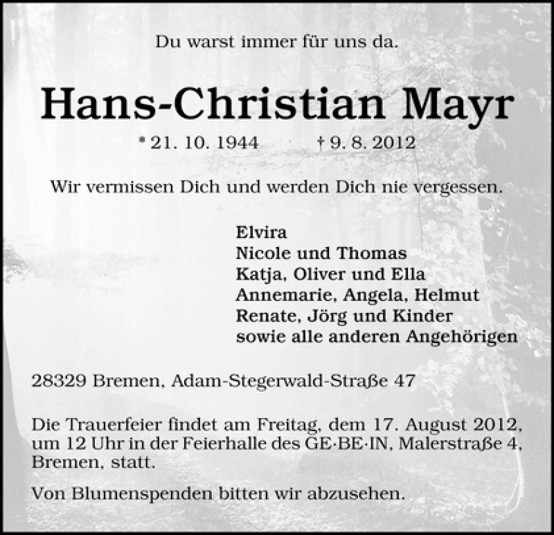 Traueranzeige von Hans-Christian Mayr von WESER-KURIER