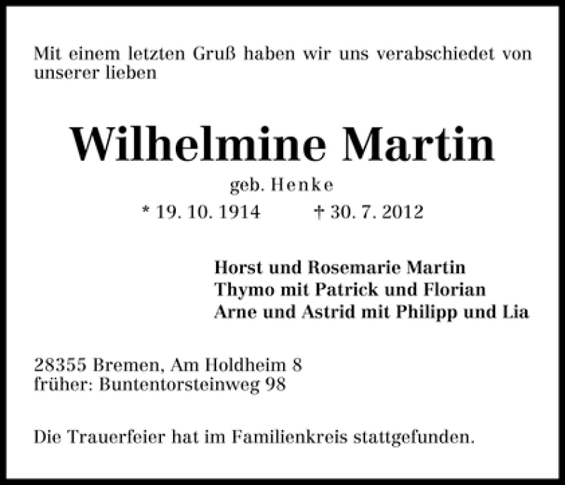 Traueranzeige von Wilhelmine Martin von WESER-KURIER
