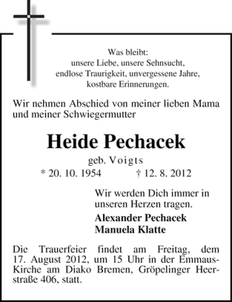 Traueranzeige von Heide Pechacek von WESER-KURIER