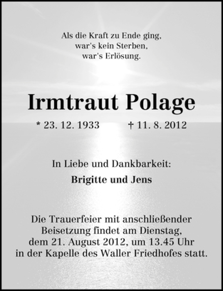 Traueranzeige von Irmtraut Polage von WESER-KURIER