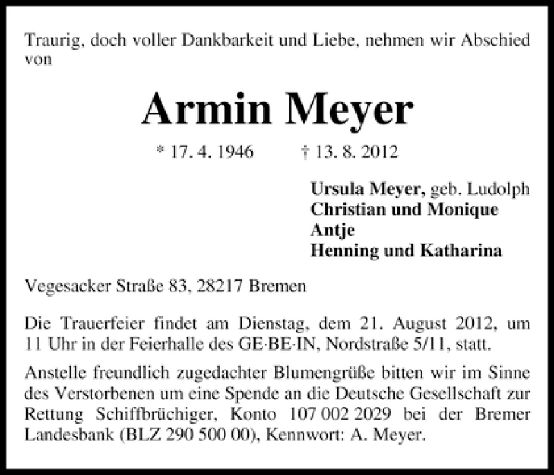 Traueranzeige von Armin Meyer von WESER-KURIER