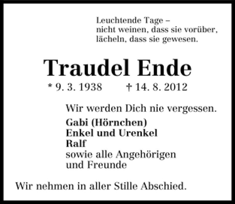 Traueranzeige von Traudel Ende von WESER-KURIER