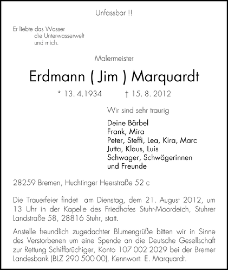 Traueranzeige von Erdmann Jim Marquardt von WESER-KURIER