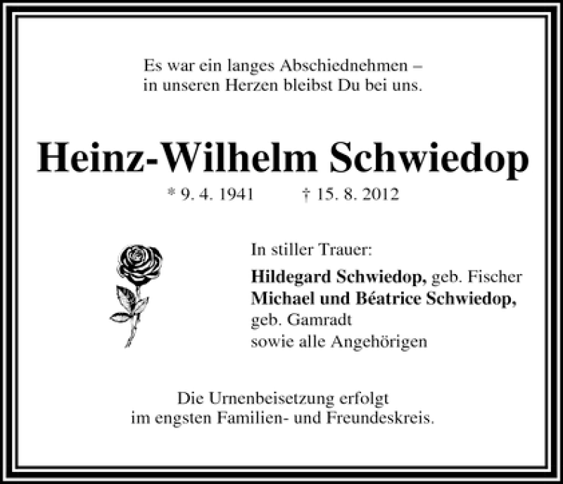 Traueranzeige von Heinz-Wilhelm Schwiedop von WESER-KURIER