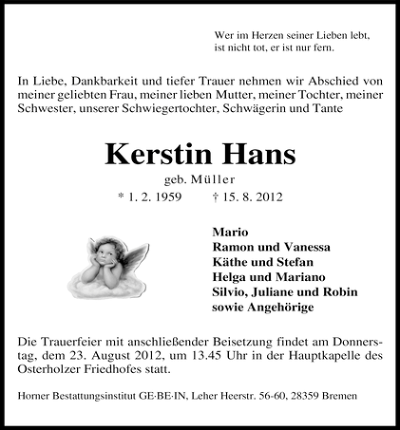 Traueranzeige von Kerstin Hans von WESER-KURIER