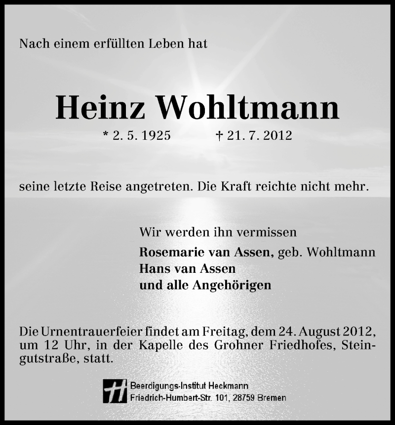 Traueranzeige von Heinz Wohltmann von WESER-KURIER